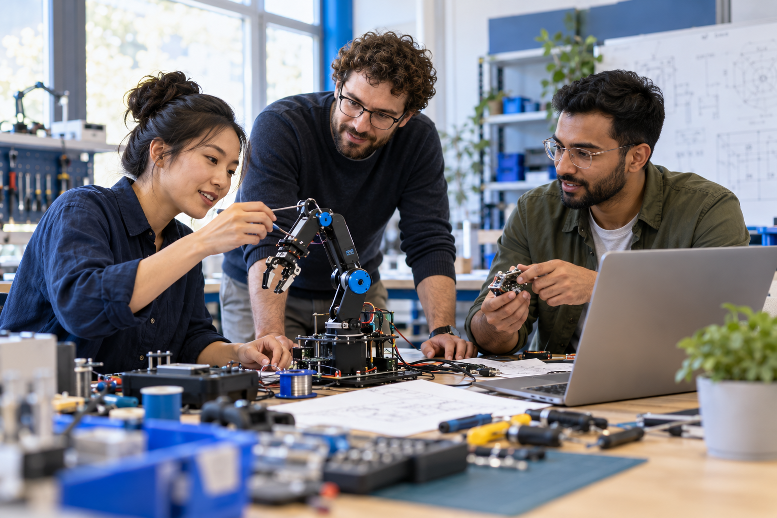 Illustrative engineers collaborating in a prototyping lab